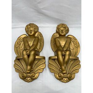 2 PC Gold Chalkware Angel 8"x4" Wall Hanging MCM